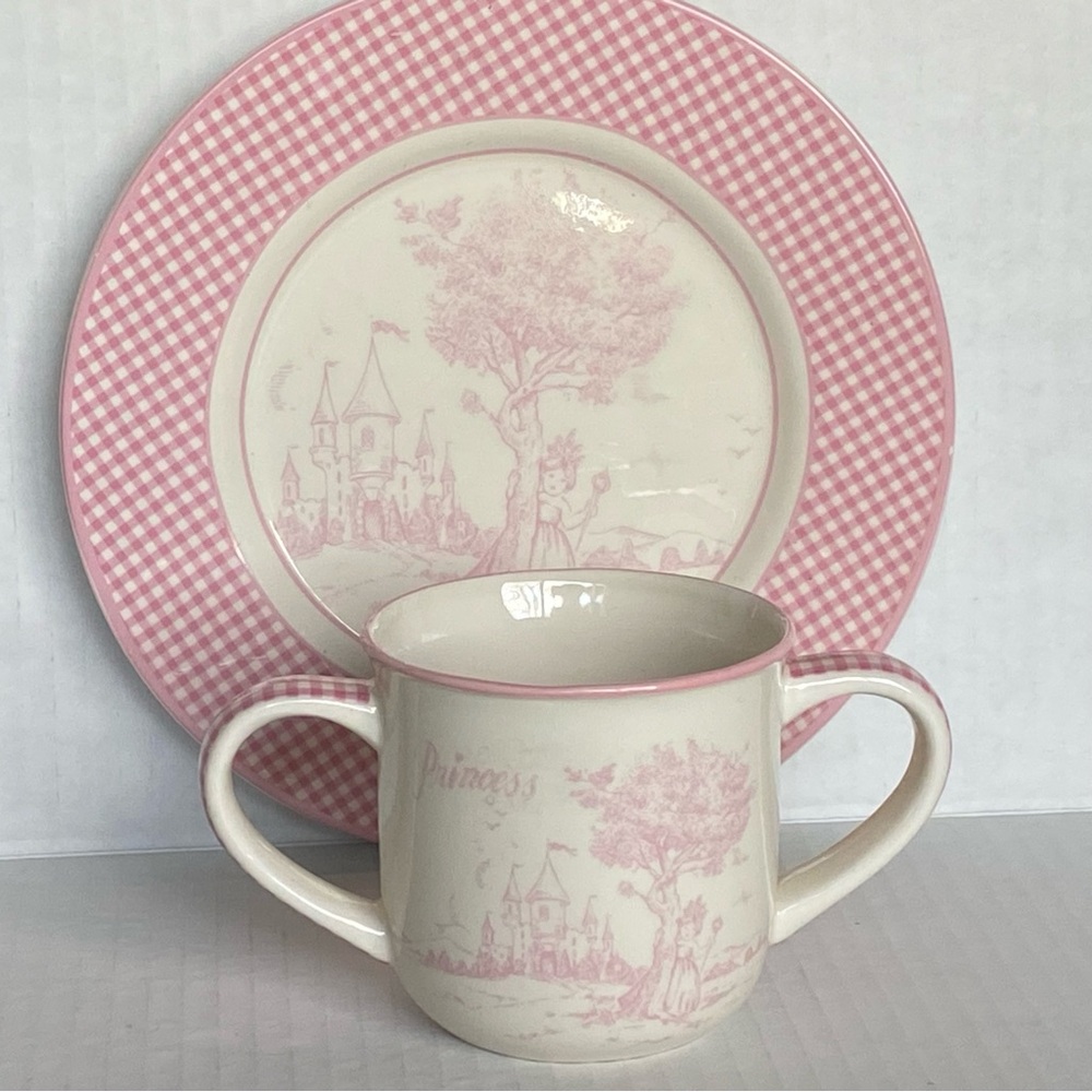Mud Pie Baby Cup And Plate Set Pink Princess Checked Gift Castle Ceramic EUC